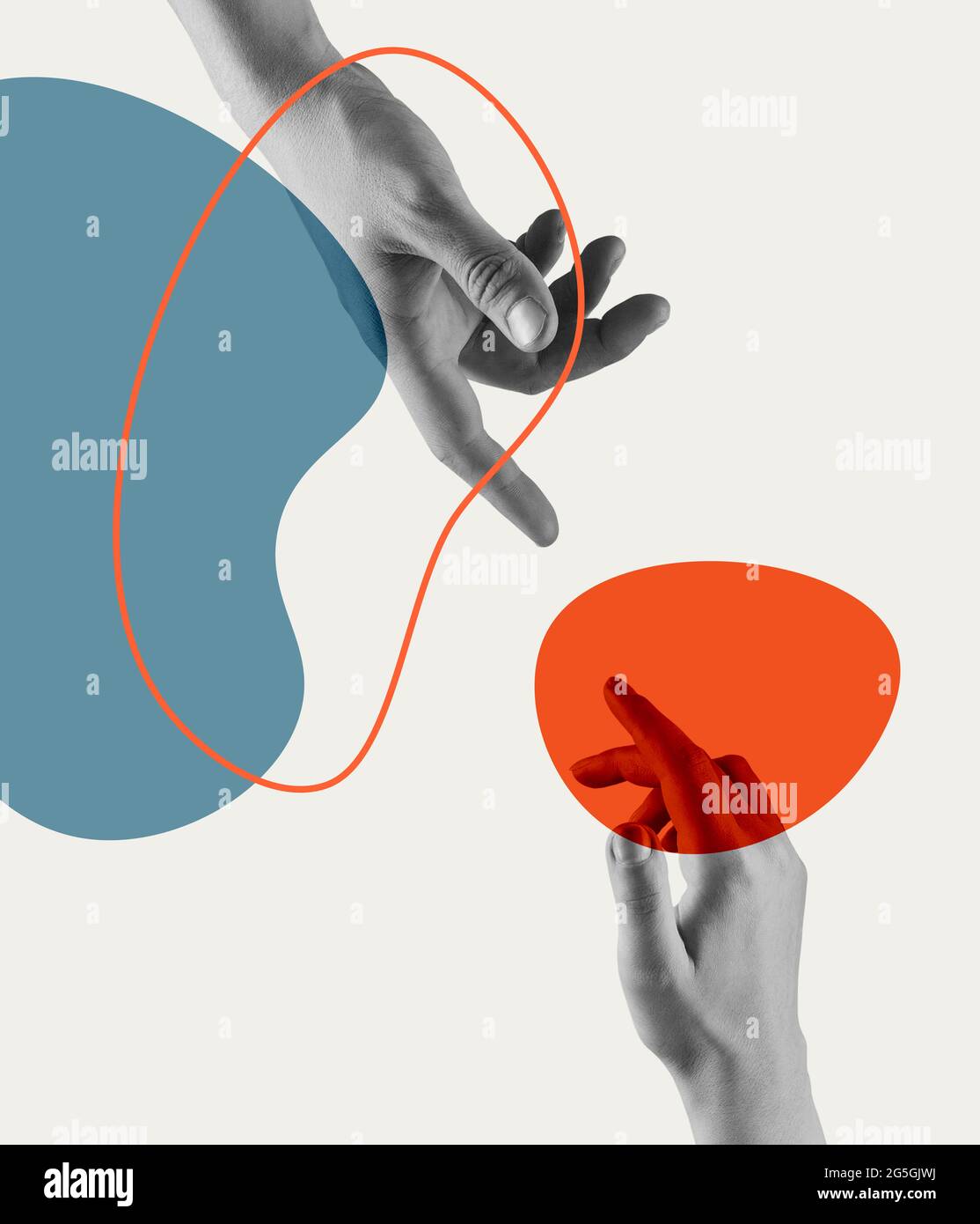 Contemporary art collage. Female and male hands isolated over light background. Stock Photo