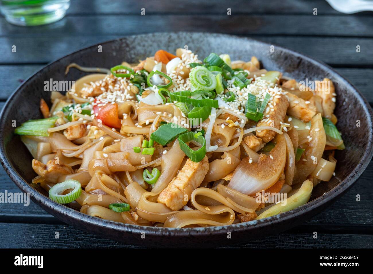Pan fried noodles with shredded chicken and spring onions Stock Photo