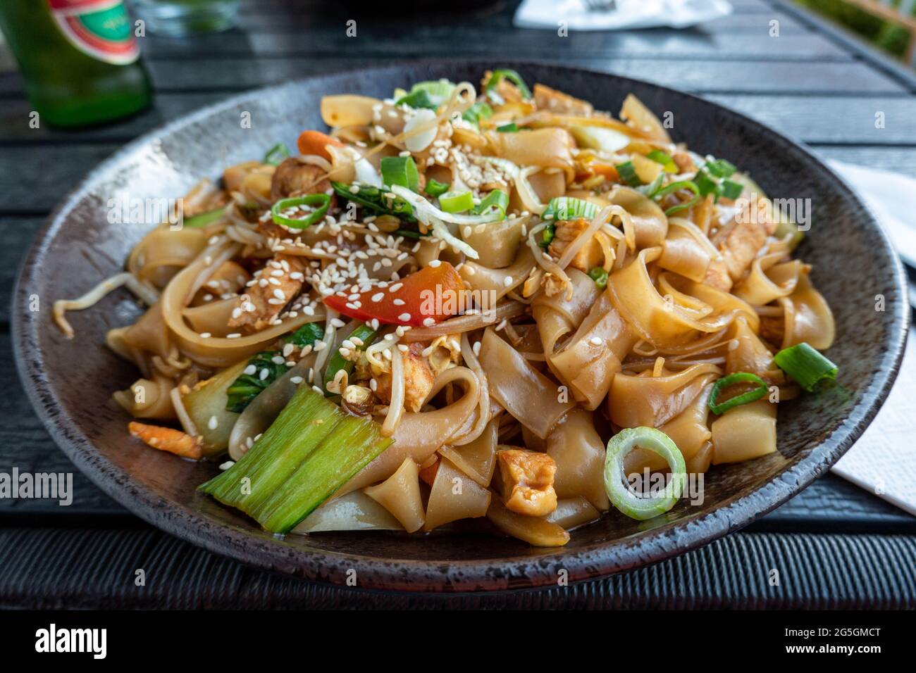 Portion of pan fried noodles with shredded chicken and spring onions in Kallio district of Helsinki, Finland Stock Photo