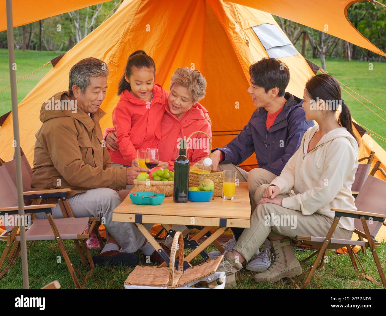 A happy family of five having a picnic outdoors high quality photo Stock Photo