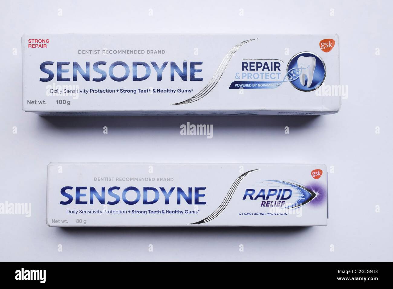 Sensodyne rapid relief tooth paste box isolated on white background. This product is used for white teeth and sensitive gum or cavity pain Stock Photo