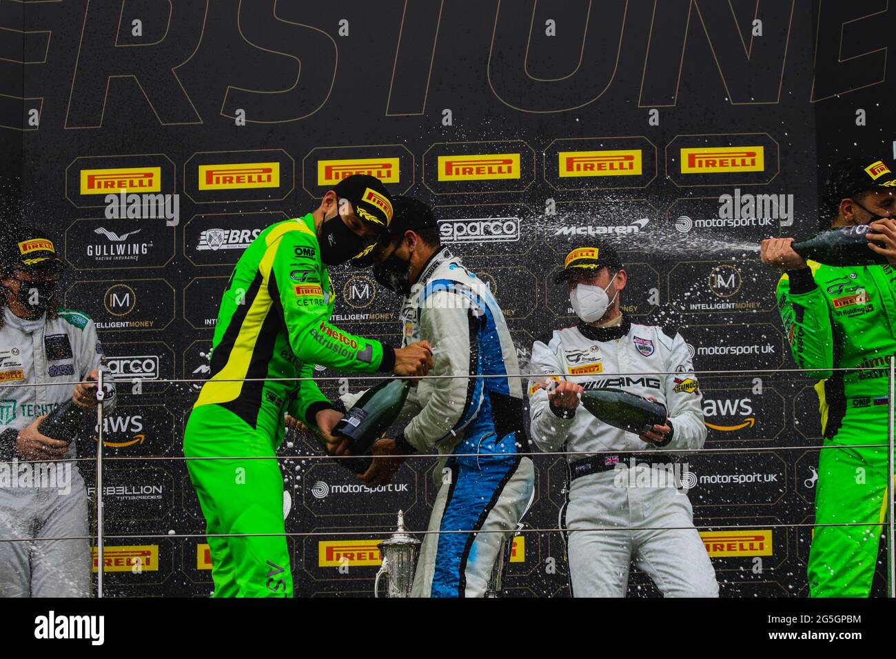 Silverstone, UK. 27th June, 2021. Podium celebrations with Adam Balon,  Dennis Lind, Martin Kodric, Hunter Abbott and Leo Matchitski during the  Intelligent Money British GT Championship Round 2 at Silverstone,  Towcester, England