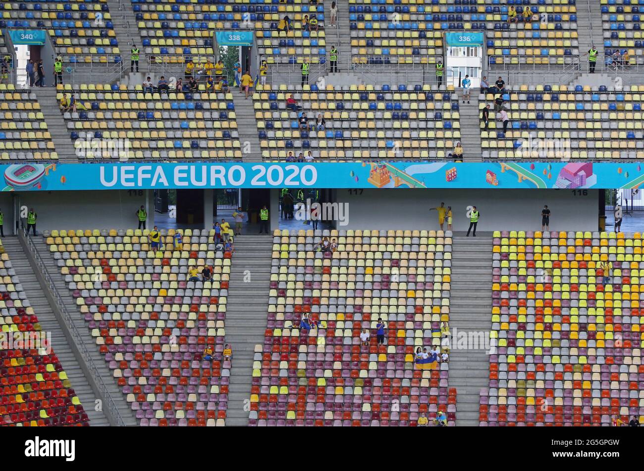 BUCHAREST, ROMANIA - JUNE 21, 2021: Empty tribunes of National Arena Bucharest stadium before the UEFA EURO 2020 game Ukraine v Austria. Stadium capasity is 55600 spectators Stock Photo