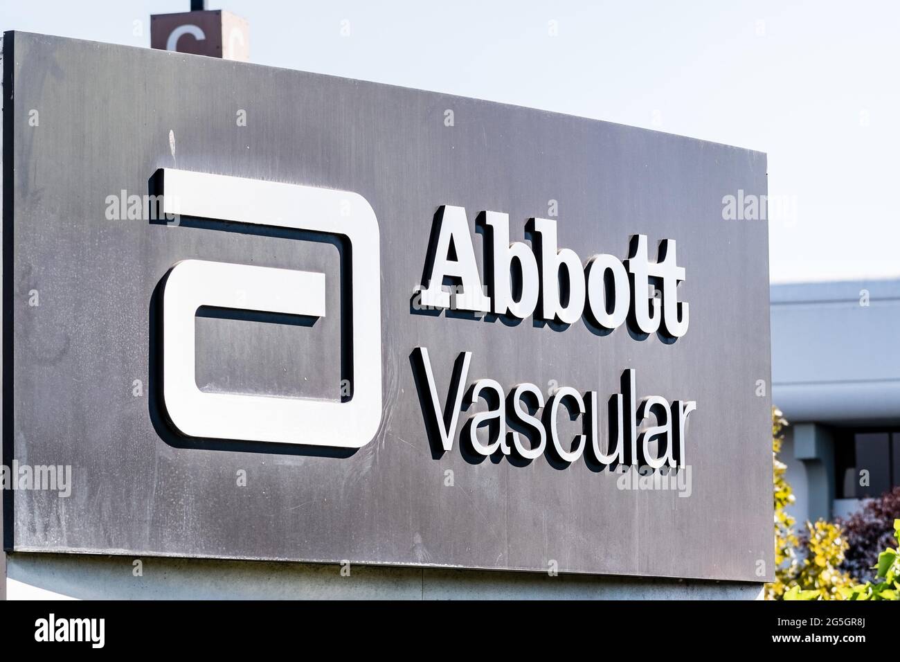 Sep 26, 2020 Santa Clara / CA / USA - Close up of Abbott Vascular sign at their headquarters in Silicon Valley; Abbott Vascular, Inc is part of Abbott Stock Photo