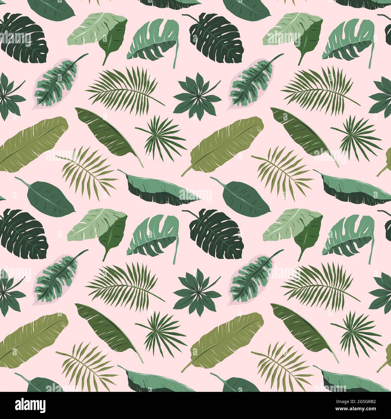 Tropical leaves pattern, monstera, palm tree and banana leaf illustration on pink background, botanical seamless repeat ornament, various jungle Stock Vector