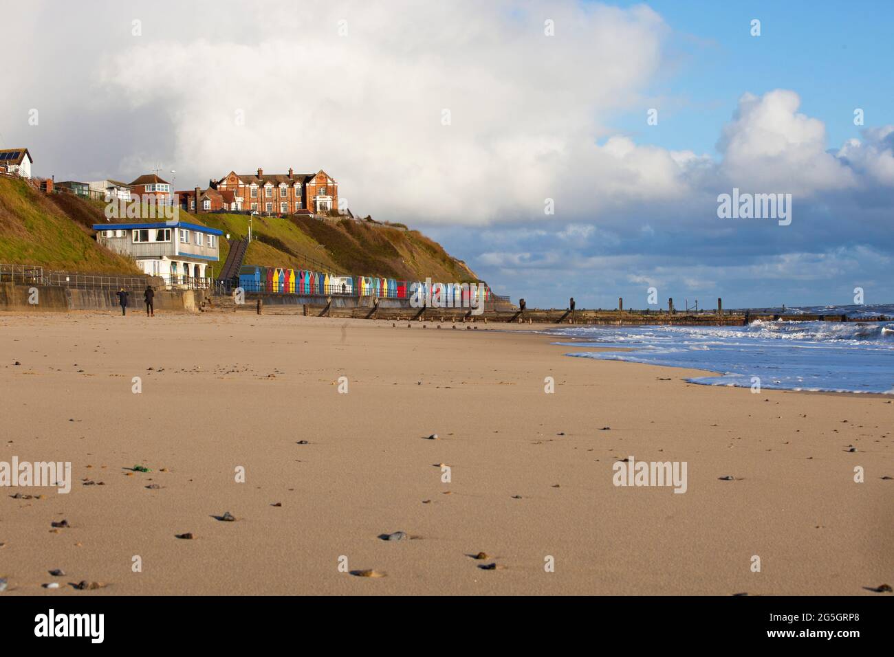 Colourful huts along Mundesley beach  on the North Norfolk coast, England. image taken April 2021 Stock Photo