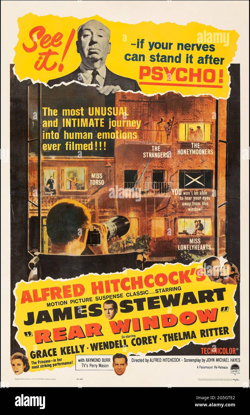Movie poster: Rear Window (Paramount, 1962). Hitchcock movie poster. Starring James Stewart and Grace Kelly. Stock Photo