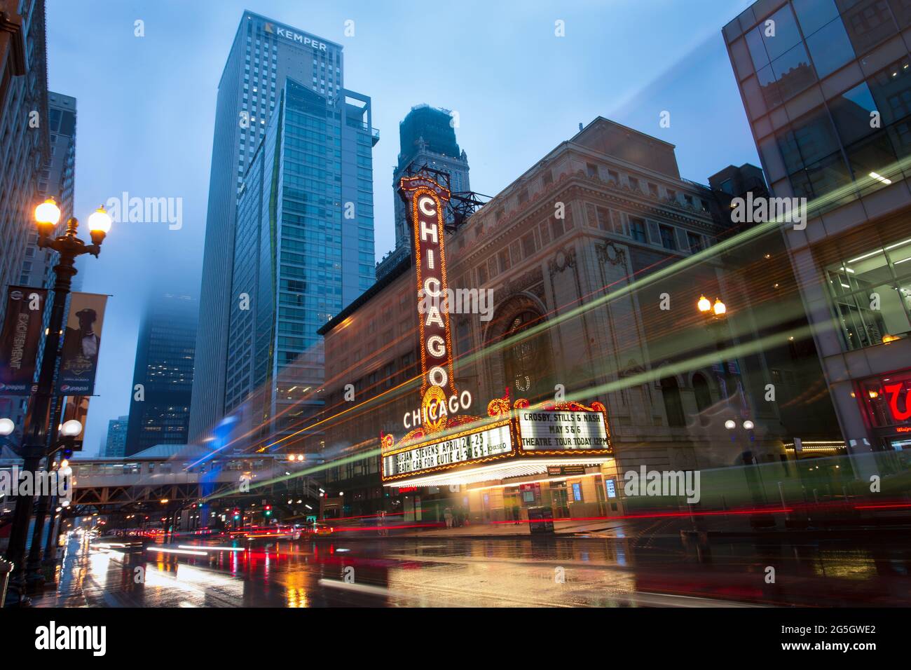 The landmark Chicago Theater on State street. Chicago's famous neon light symbolizing Chicago