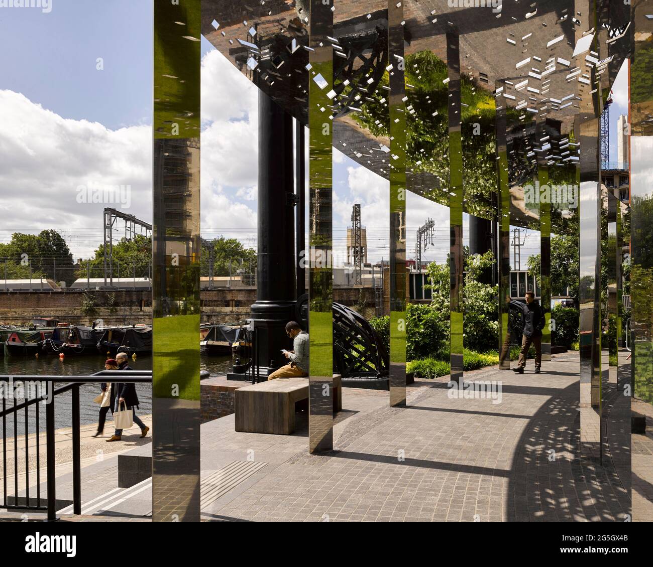 View beneath mirrored canopy. Gasholder Park, London, United Kingdom