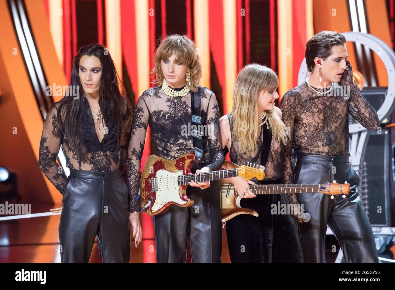 Thomas Raggi, Damiano David, Victoria De Angelis and Ethan Torchio of Måneskin in concert at Polsat SuperHit Festiwal 2021 in Opera Lesna (Forest Oper Stock Photo