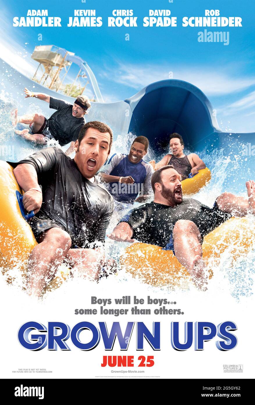 Grown Ups (2010) directed by Dennis Dugan and starring Adam Sandler, Salma Hayek, Kevin James and Rob Schneider. After their high school basketball coach passes away, five good friends and former teammates reunite for a Fourth of July holiday weekend. Stock Photo