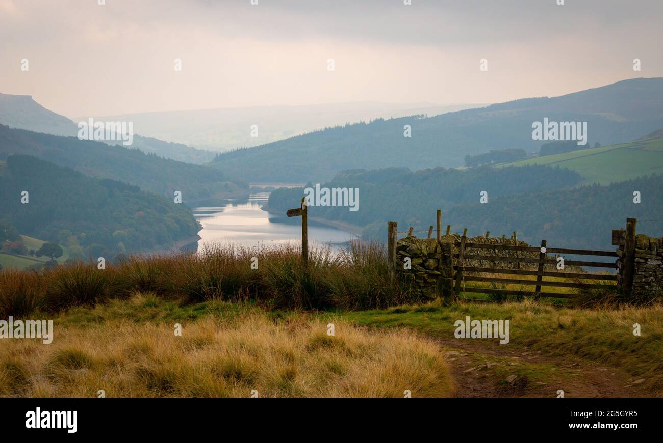 The view of Ladybower Reservoir from a footpath around it, Peak District, Derbyshire, England, UK Stock Photo