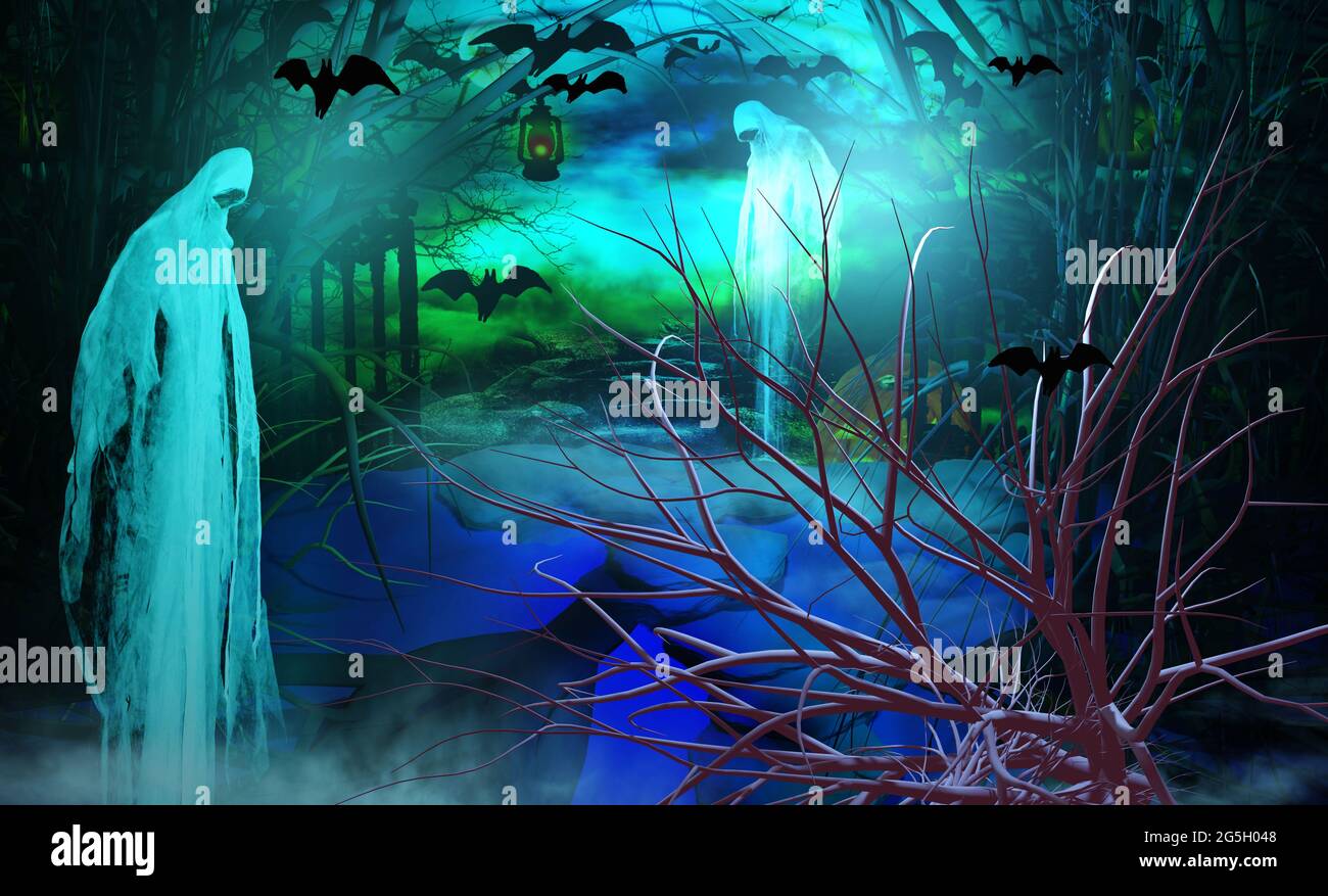Halloween background. Scary ghost in spooky forest in the night. Stock Photo