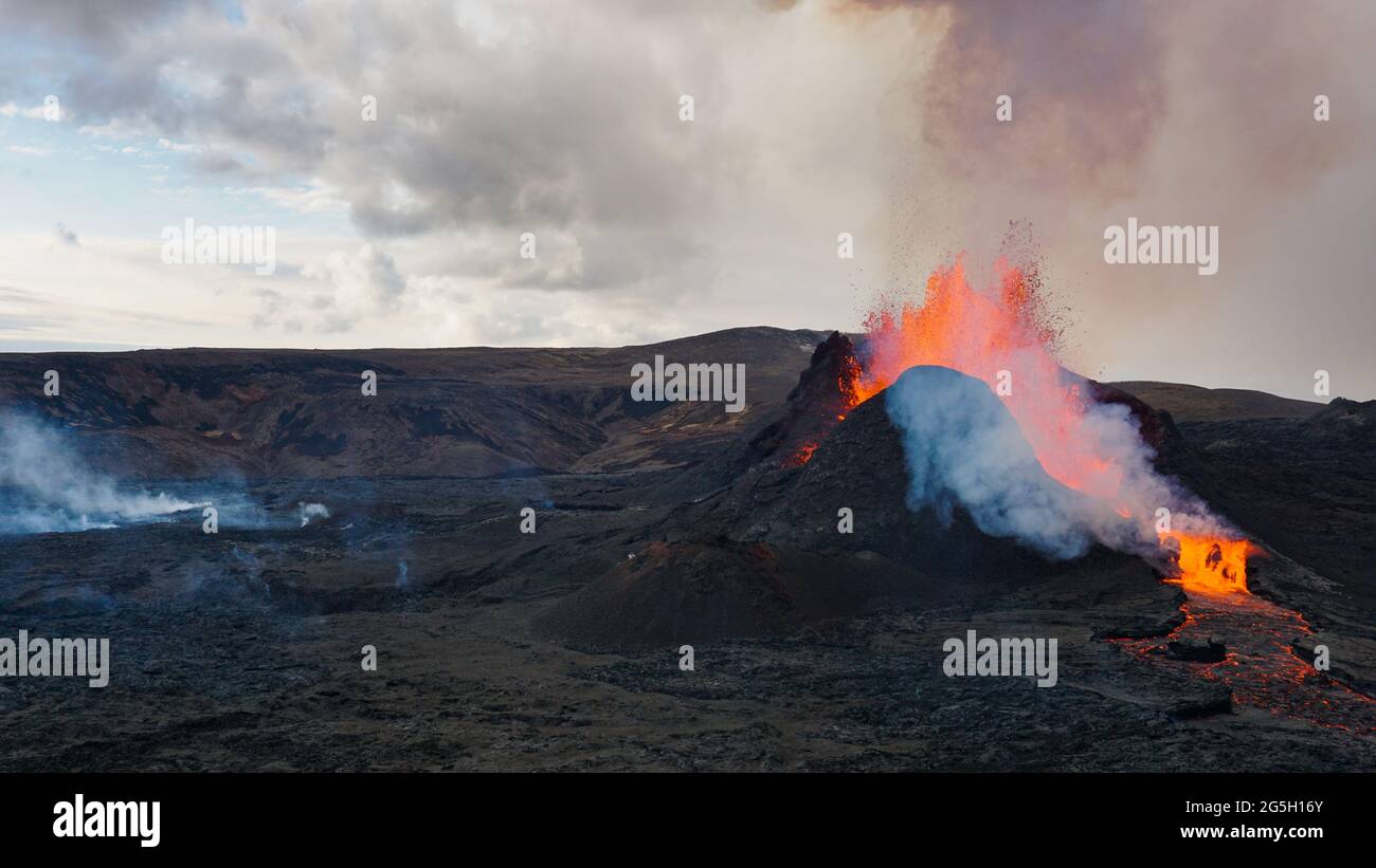 The ongoing volcanic eruption in Mt Fagradalsfjall, Southwest Iceland. The eruption began in March 2021, only 30 km away from Reykjavík. Stock Photo