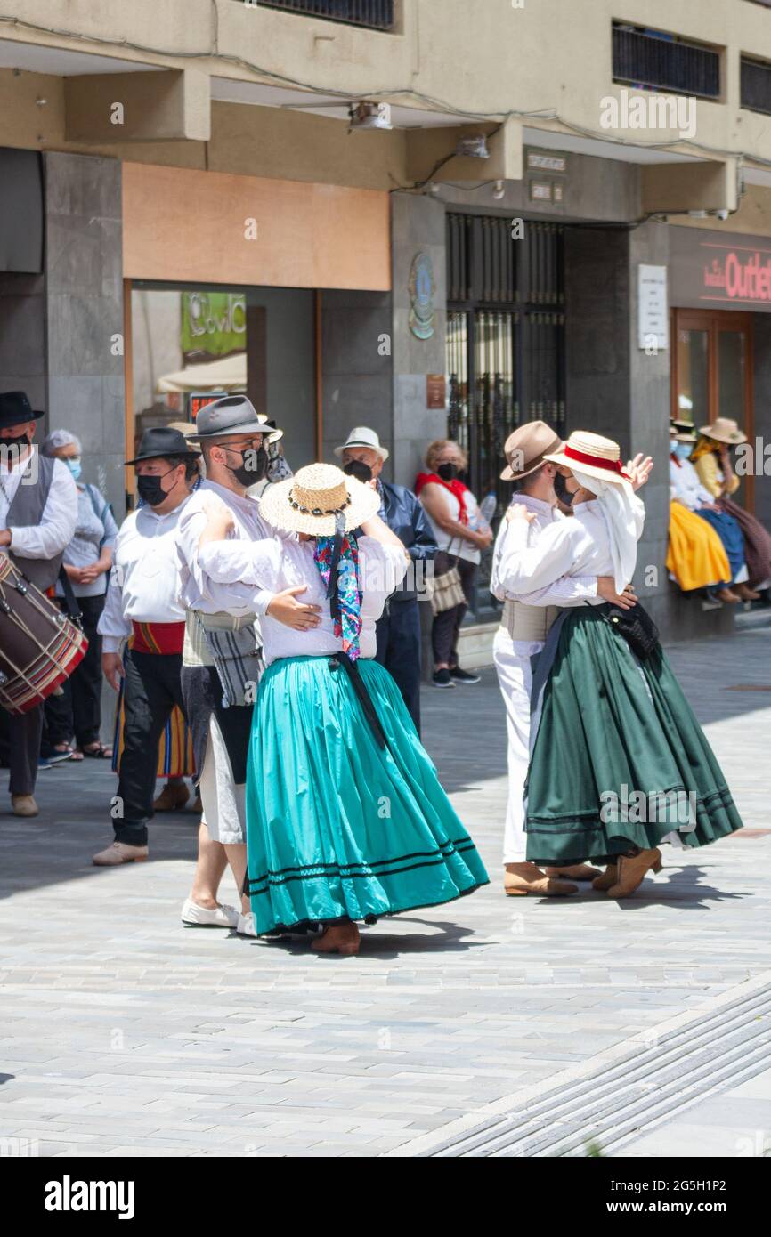 Dancers in traditional costume at celebrations for Dia de Canarias in Puerto  de La Cruz, Tenerife, canary islands, Spain. 30 Mayo 2021 Stock Photo -  Alamy