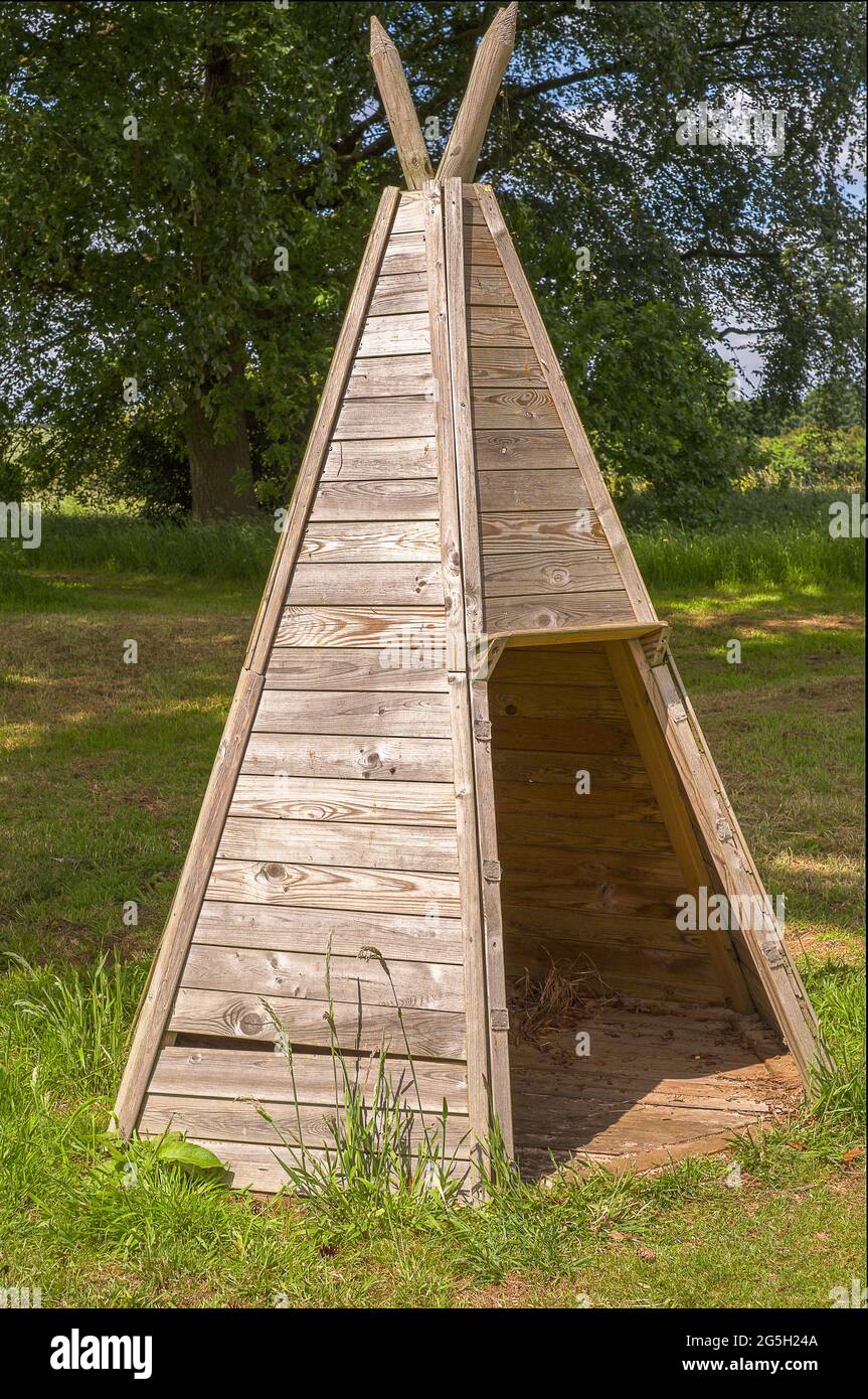 Wooden teepee at lavender farm Stock Photo