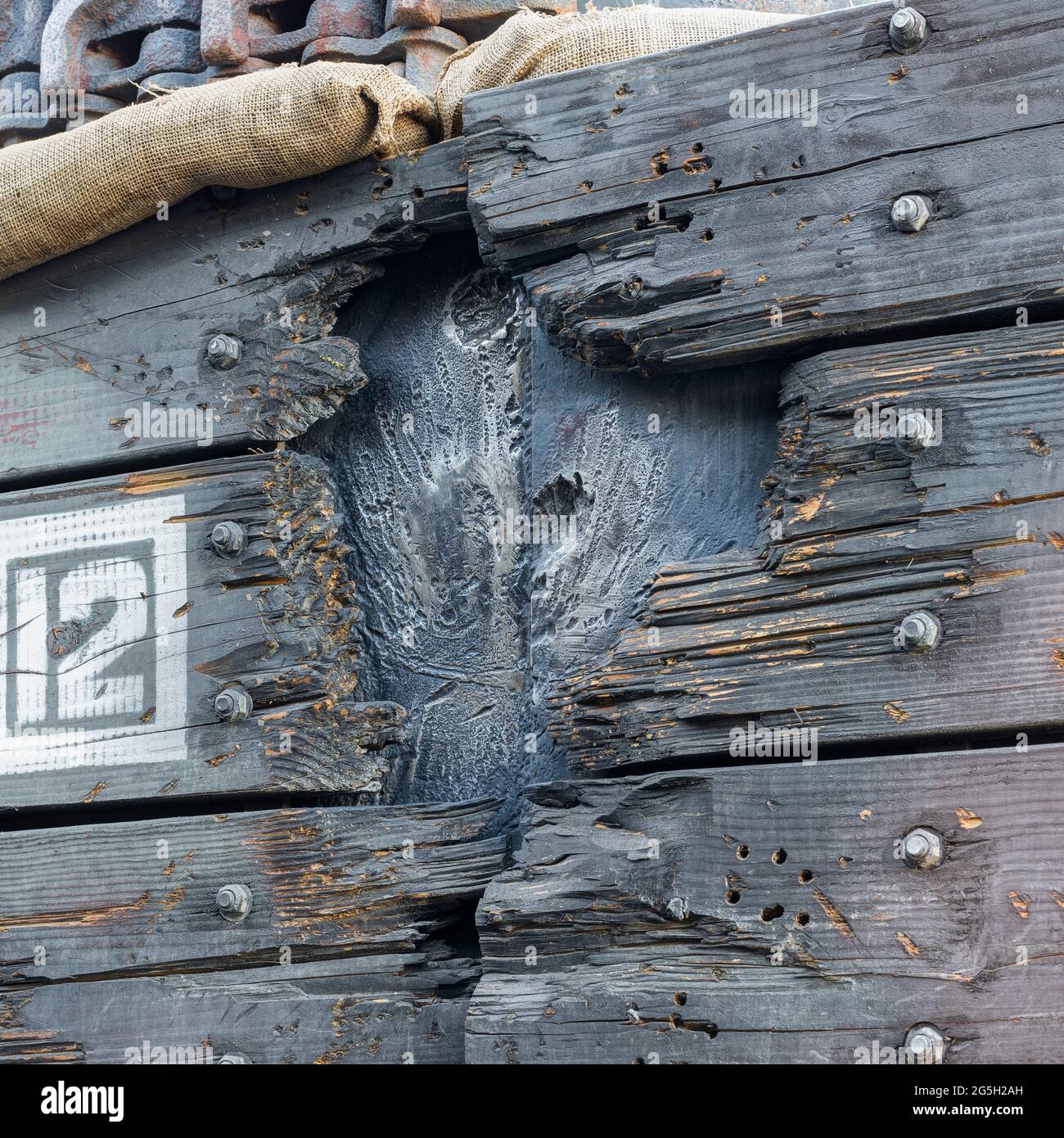 Shell Mark on a Armored Skirt of M4 Sherman Tank, World War II Stock Photo