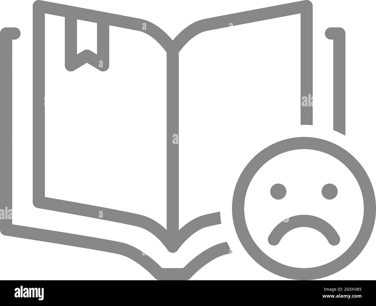 Open book with sad face line icon. Bad rating, dislike, reader review