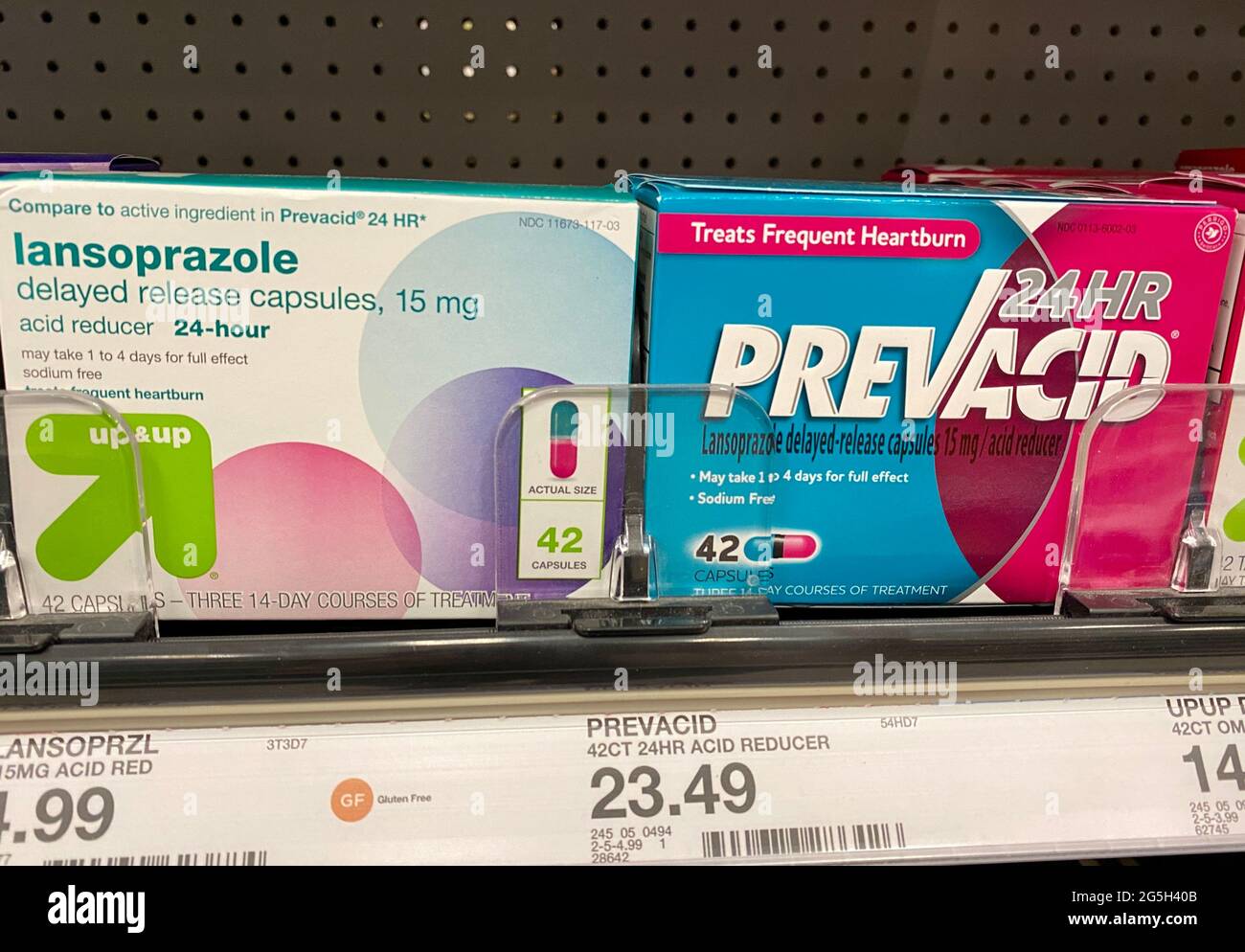 Boxes of Prevacid 24HR heartburn medicine on the shelf at a Target store. Stock Photo