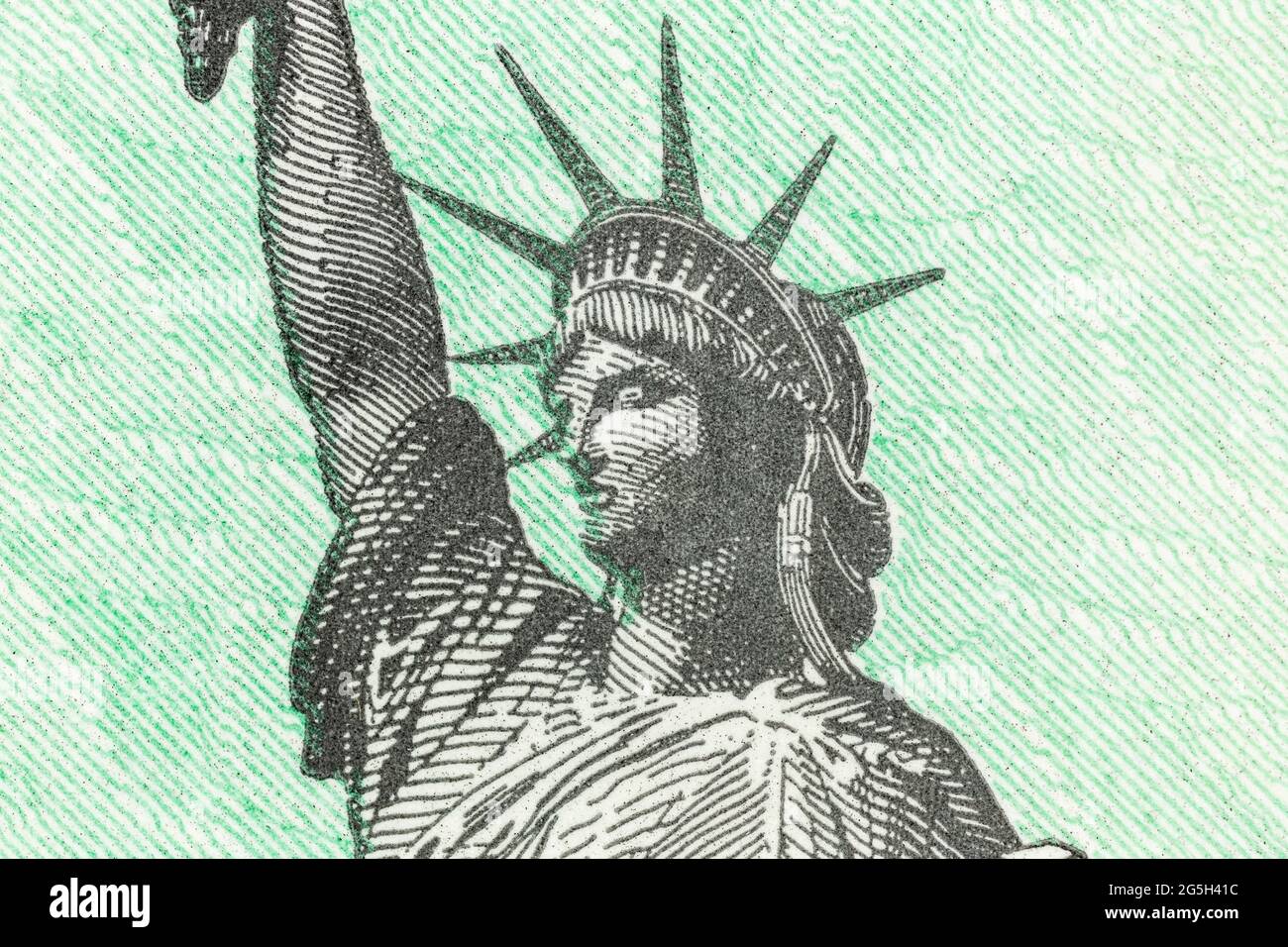 Macro detail of the Statue of Liberty on a United States Treasury check. Stock Photo