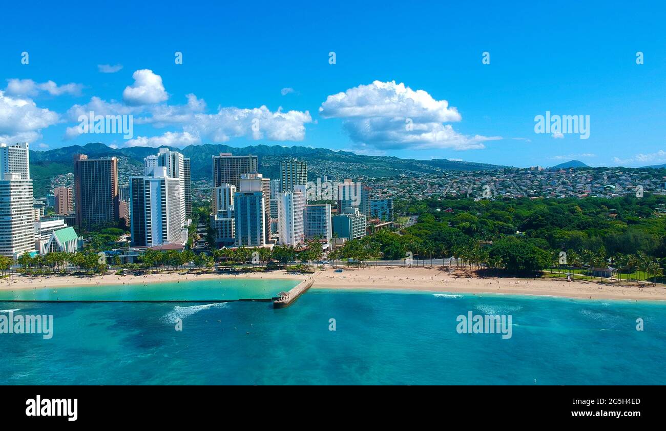 Panorama Aerial drone view of Waikiki Beach Honolulu Hawaii USA hotels ...