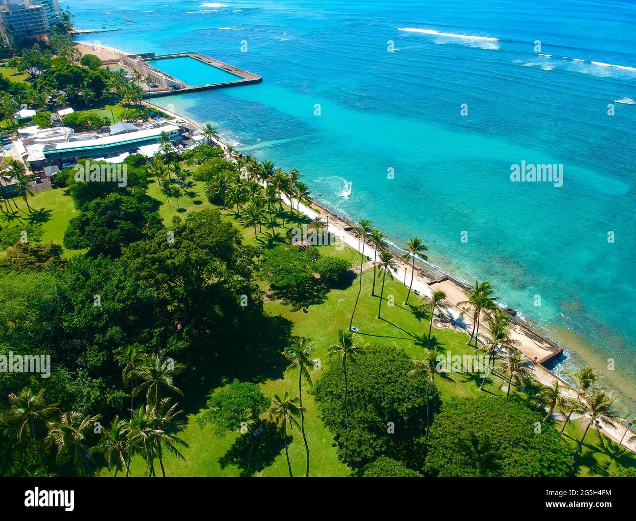 Panorama Aerial drone view of Waikiki Beach Honolulu Hawaii USA hotels ...