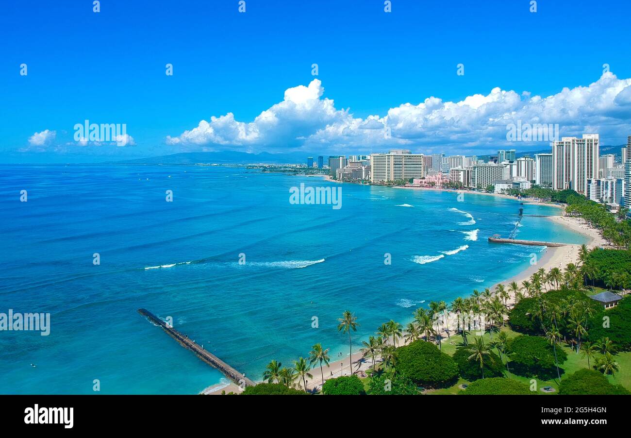 Panorama Aerial drone view of Waikiki Beach Honolulu Hawaii USA hotels ...