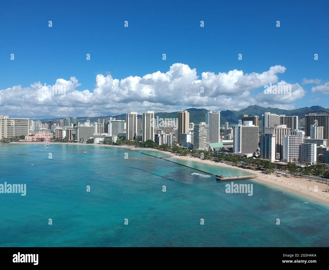 Panorama Aerial drone view of Waikiki Beach Honolulu Hawaii USA hotels ...