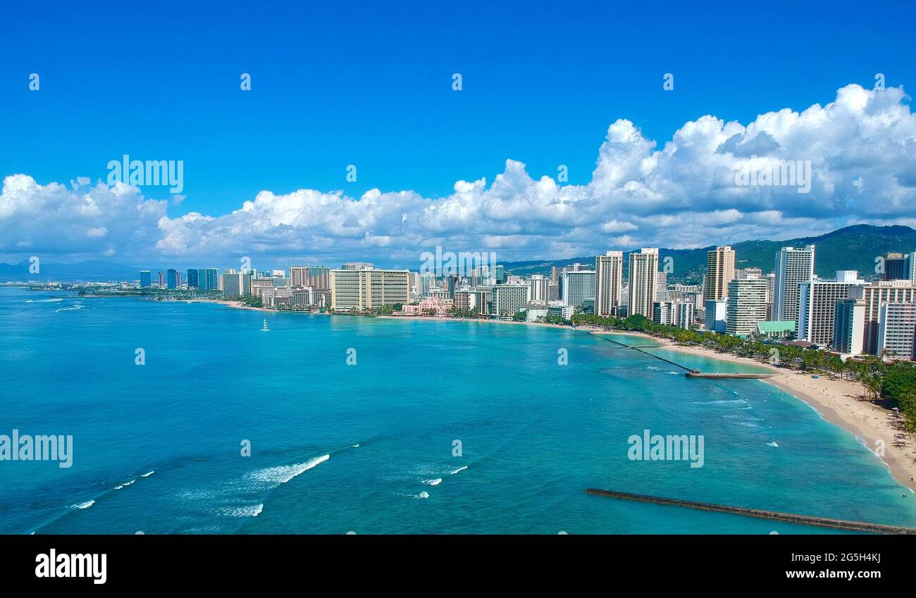 Panorama Aerial drone view of Waikiki Beach Honolulu Hawaii USA hotels ...