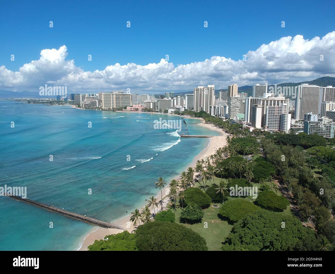 Panorama Aerial drone view of Waikiki Beach Honolulu Hawaii USA hotels ...