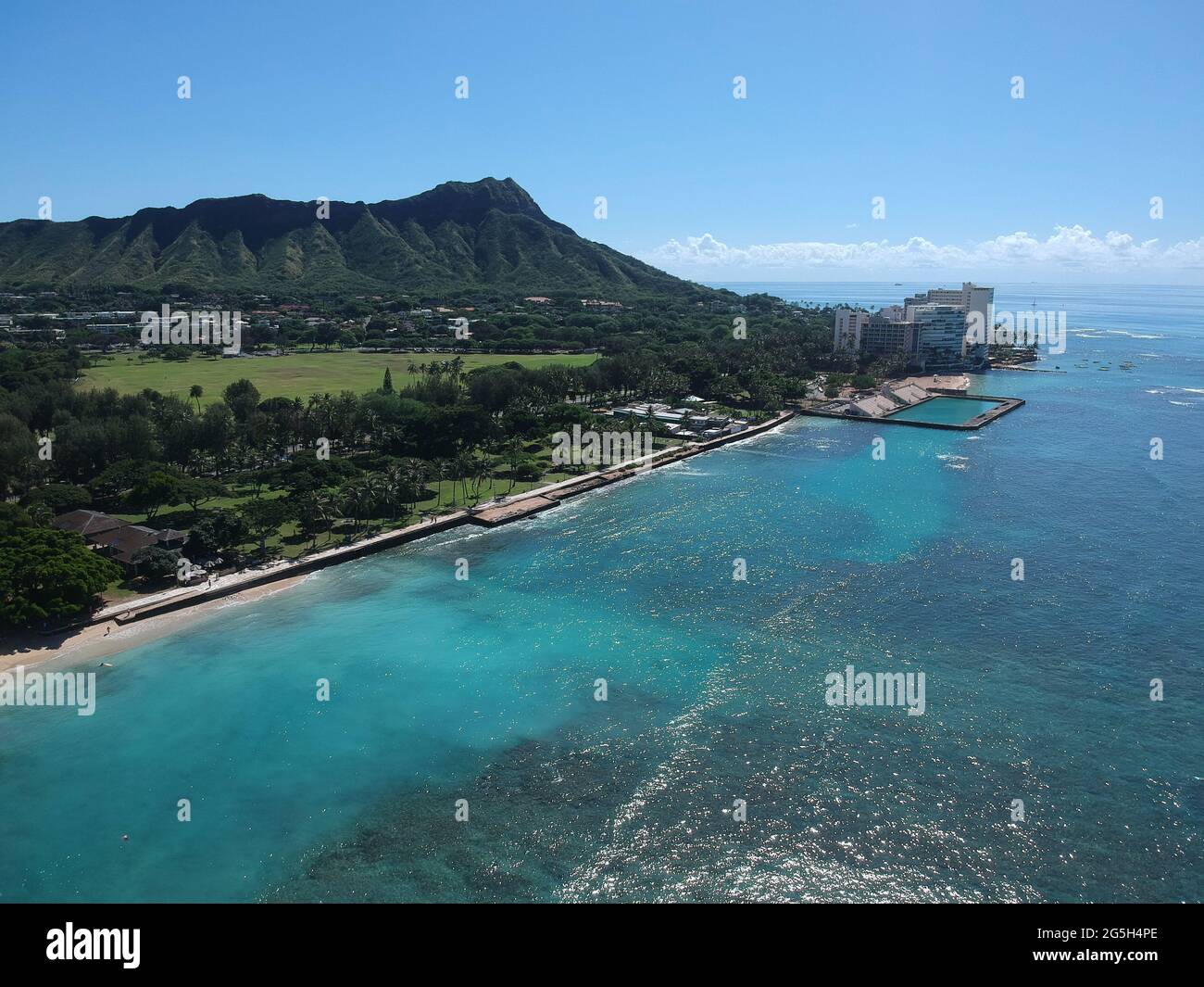 Panorama Aerial drone view of Waikiki Beach Honolulu Hawaii USA hotels ...