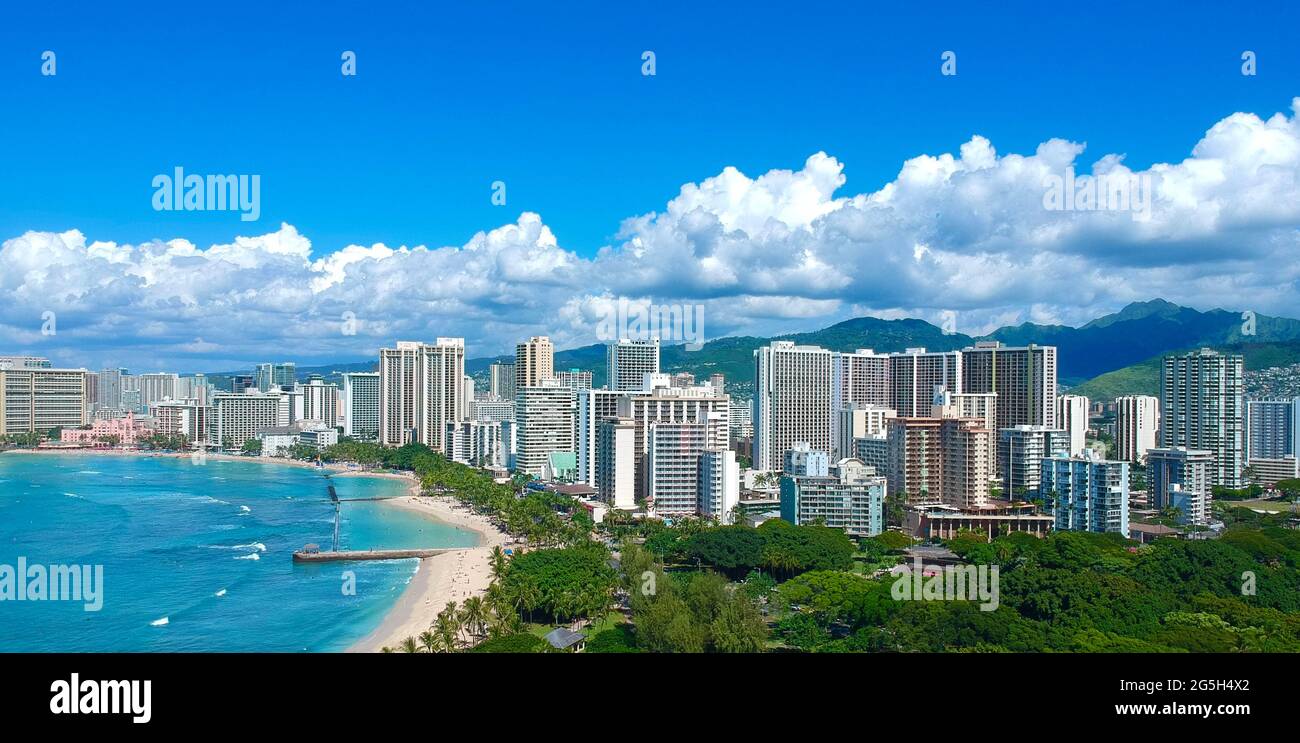 Panorama Aerial drone view of Waikiki Beach Honolulu Hawaii USA hotels ...