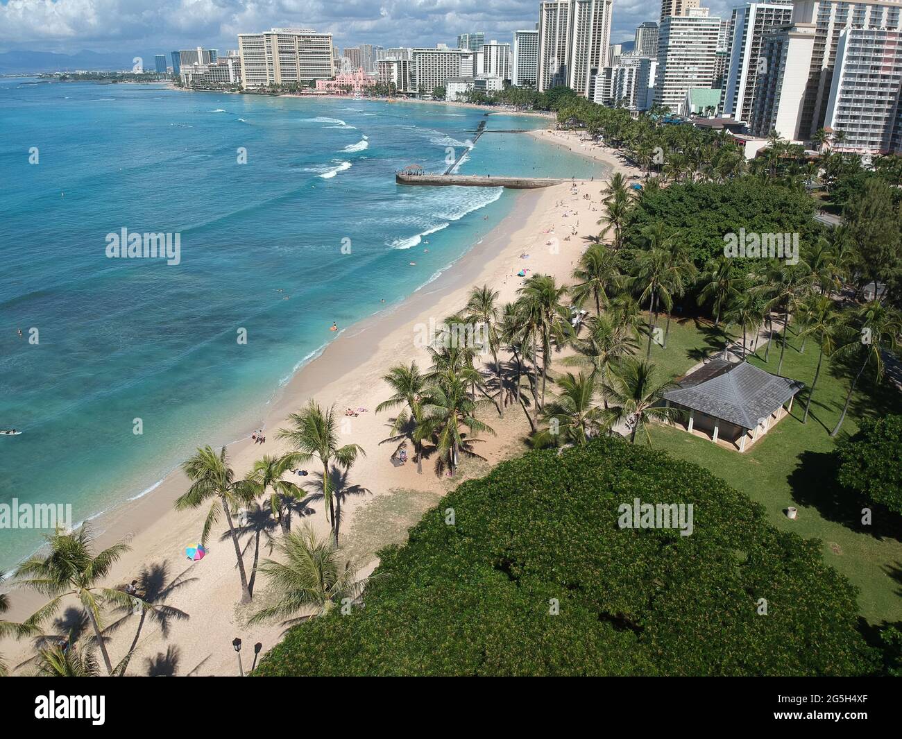 Panorama Aerial drone view of Waikiki Beach Honolulu Hawaii USA hotels ...