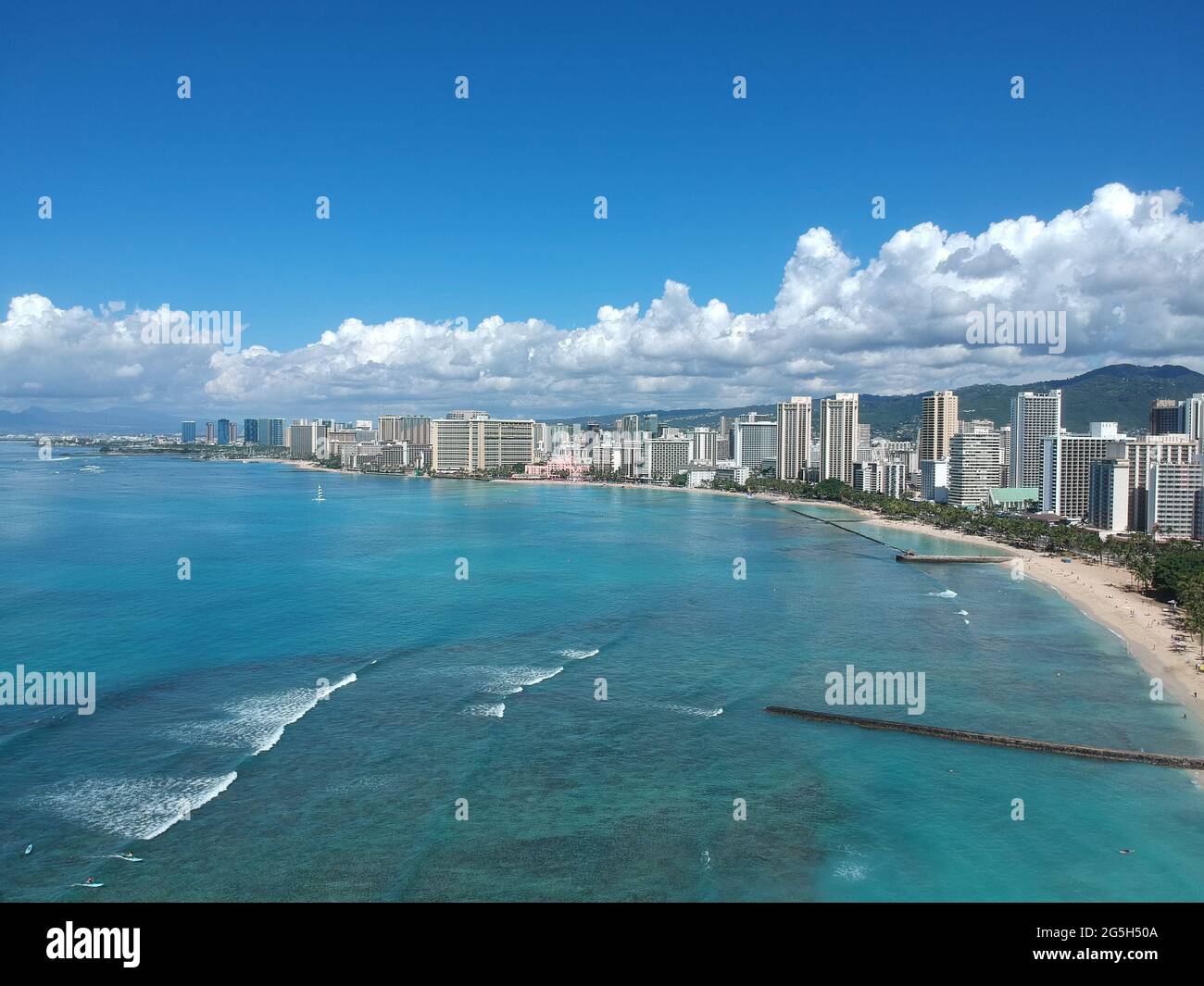 Panorama Aerial drone view of Waikiki Beach Honolulu Hawaii USA hotels ...