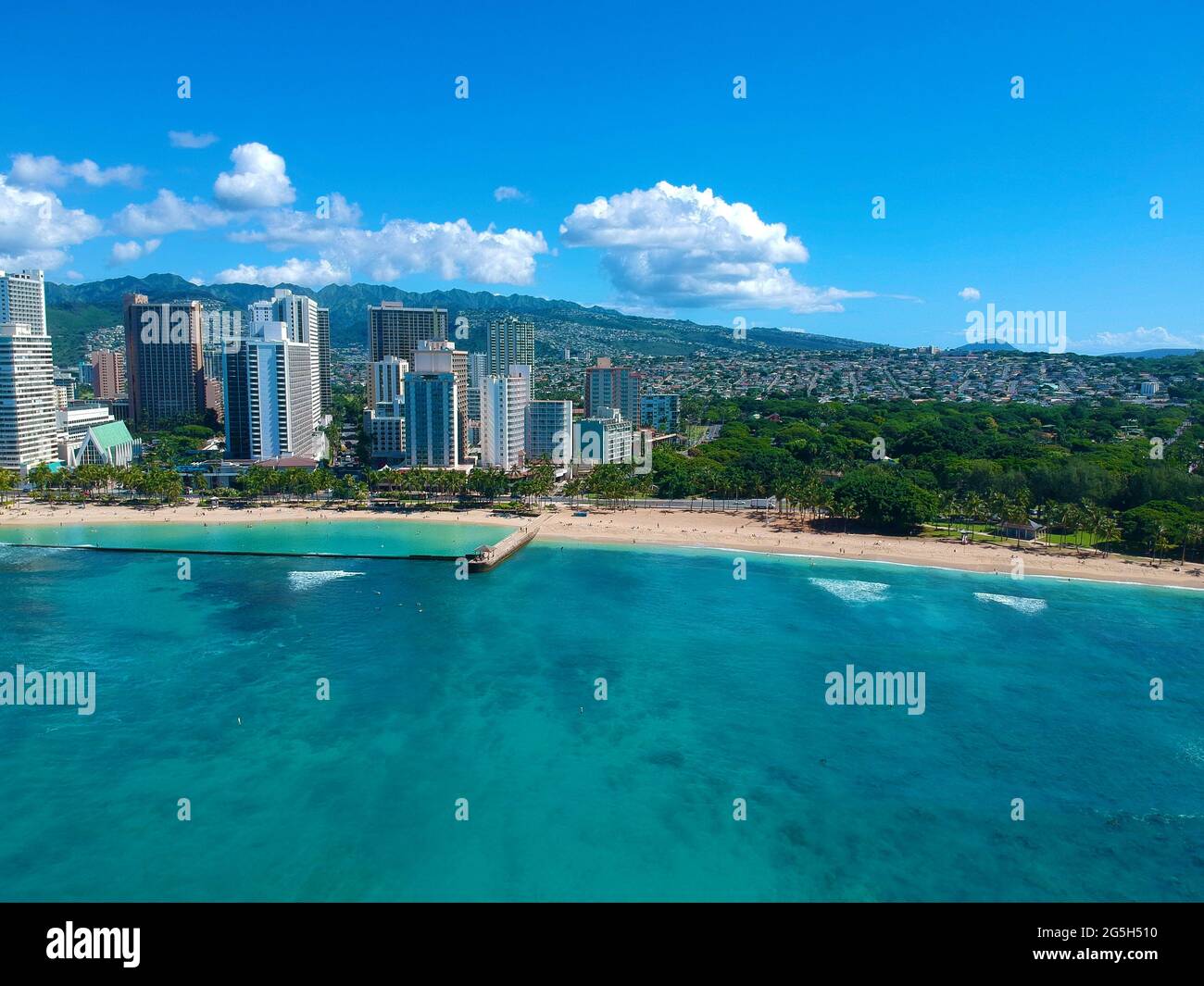 Panorama Aerial drone view of Waikiki Beach Honolulu Hawaii USA hotels ...