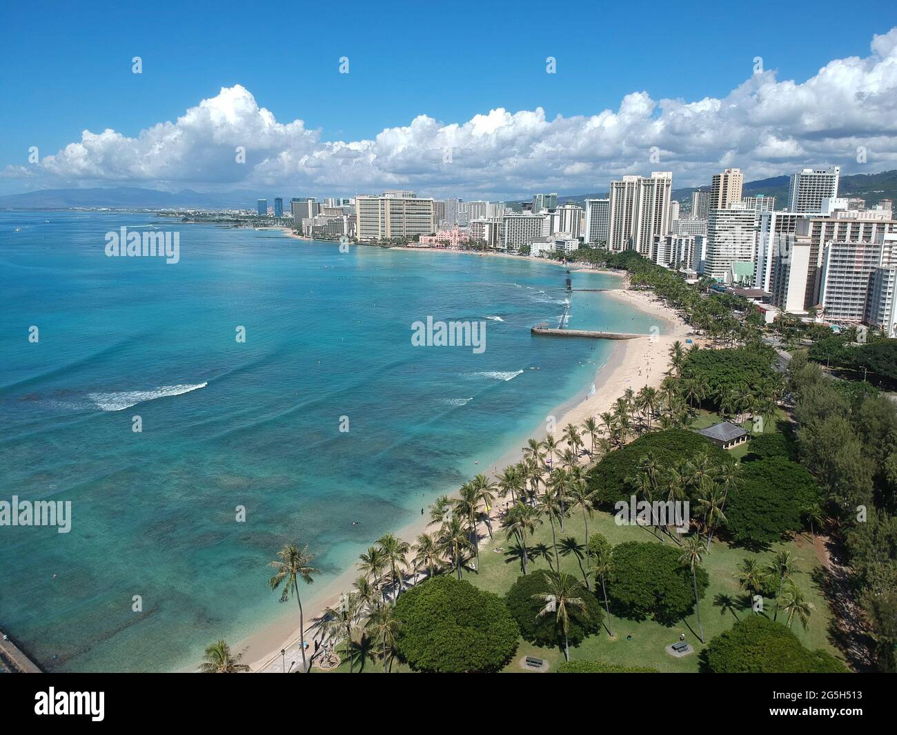 Panorama Aerial drone view of Waikiki Beach Honolulu Hawaii USA hotels ...