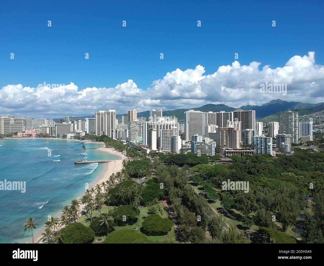 Panorama Aerial drone view of Waikiki Beach Honolulu Hawaii USA hotels ...