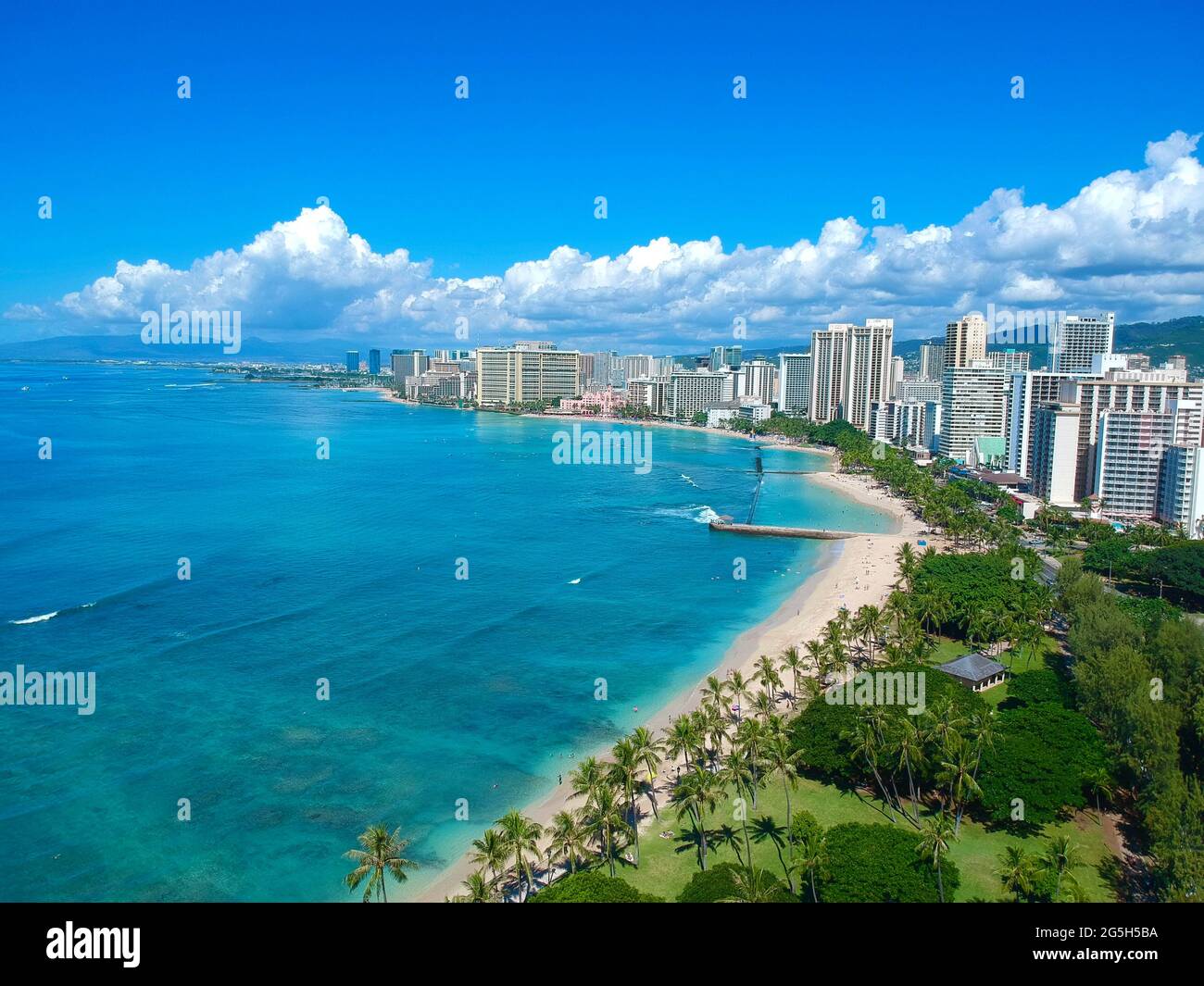 Panorama Aerial drone view of Waikiki Beach Honolulu Hawaii USA hotels ...