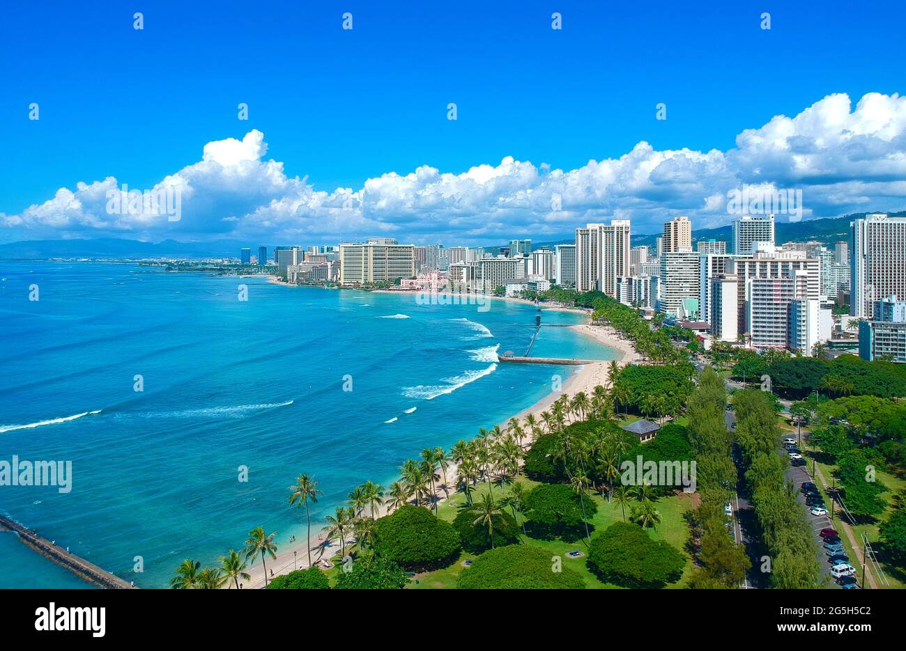Panorama Aerial drone view of Waikiki Beach Honolulu Hawaii USA hotels ...