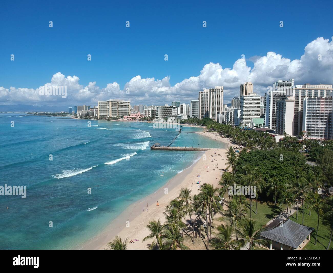 Panorama Aerial drone view of Waikiki Beach Honolulu Hawaii USA hotels ...