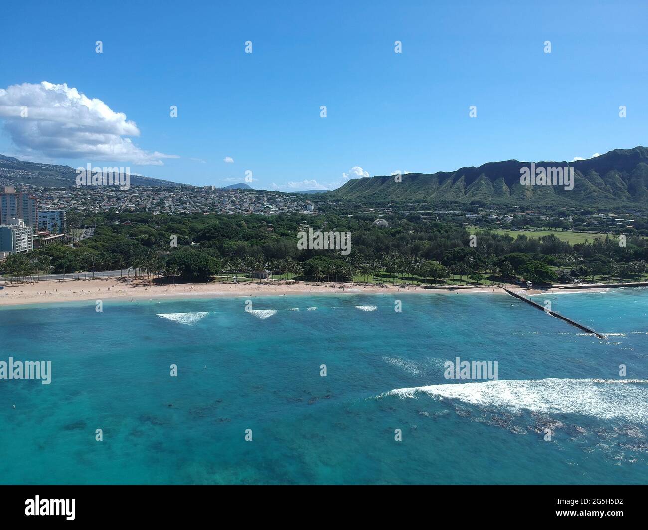 Panorama Aerial drone view of Waikiki Beach Honolulu Hawaii USA hotels ...