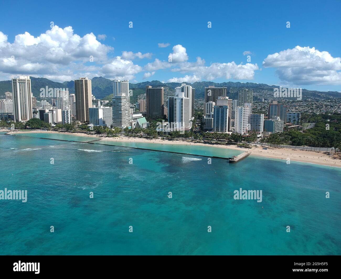 Panorama Aerial drone view of Waikiki Beach Honolulu Hawaii USA hotels ...