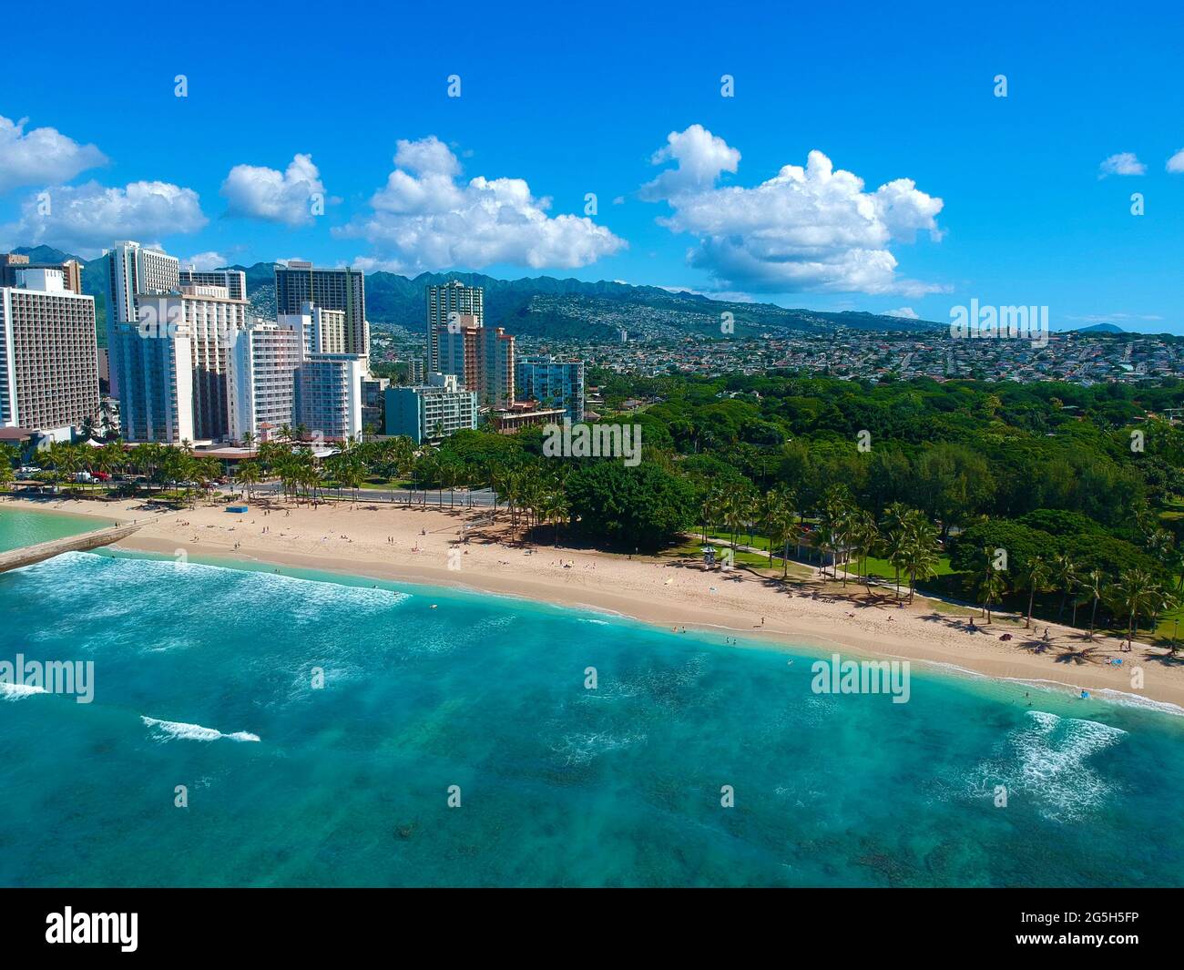 Panorama Aerial drone view of Waikiki Beach Honolulu Hawaii USA hotels ...