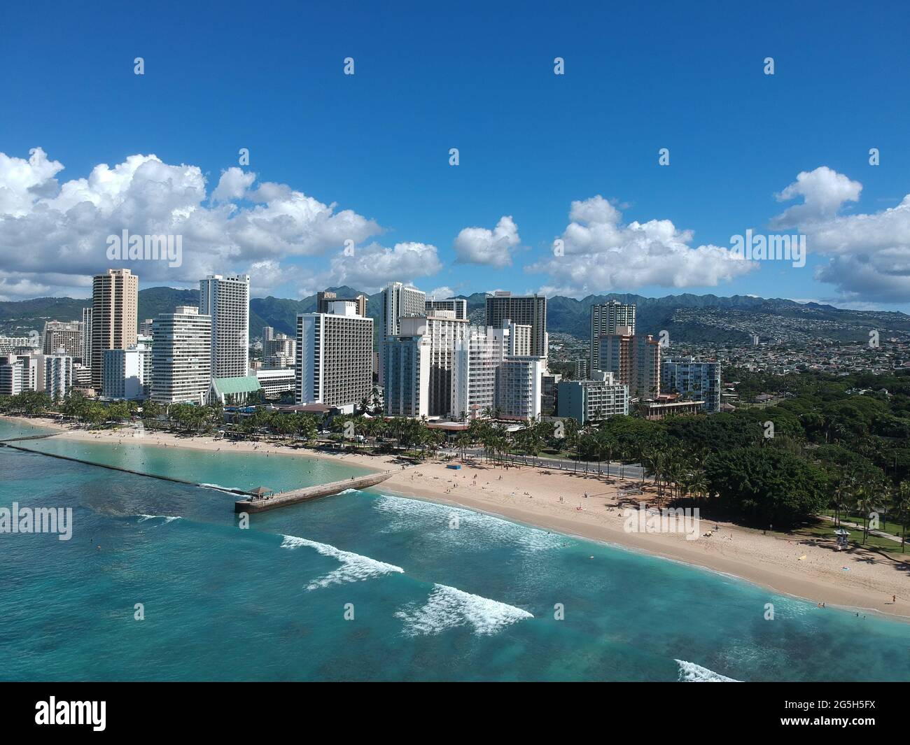 Panorama Aerial drone view of Waikiki Beach Honolulu Hawaii USA hotels ...