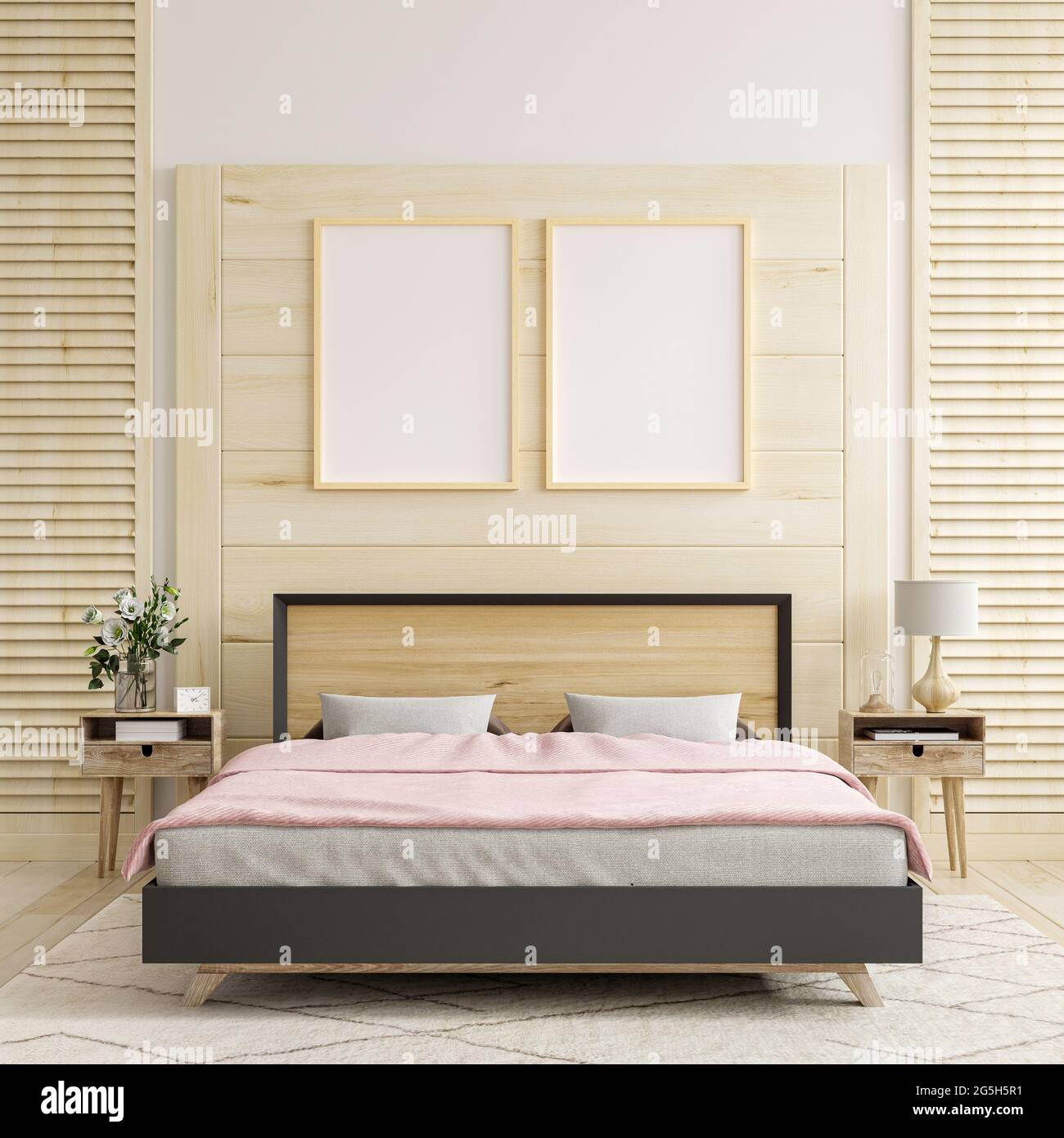 Mockup frame in bedroom interior background,3d rendering Stock Photo