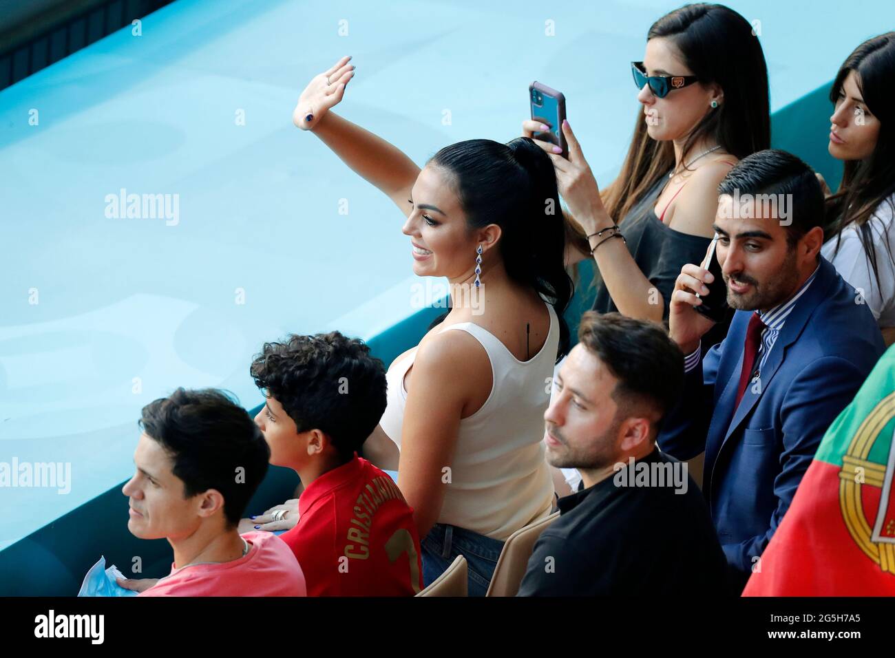 Sevilla, Spain. 27th June, 2021. Georgina Rodriguez Football/Soccer : Georgina  Rodriguez cheers on her husband Ronaldo from the stands during UEFA Euro  2020 Round of 16 match between Belgium 1-0 Portugal at