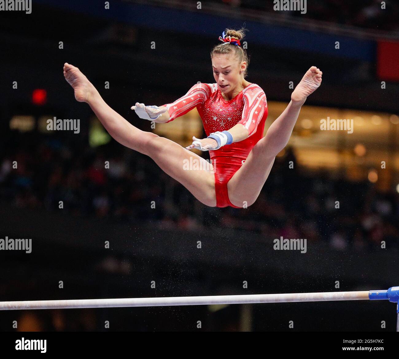 St Louis, USA. June 27, 2021 Grace McCallum performs her bar routine