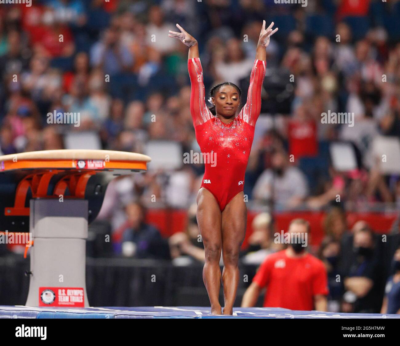 St Louis, USA. June 27, 2021 Simone Biles lands her second vault(00)