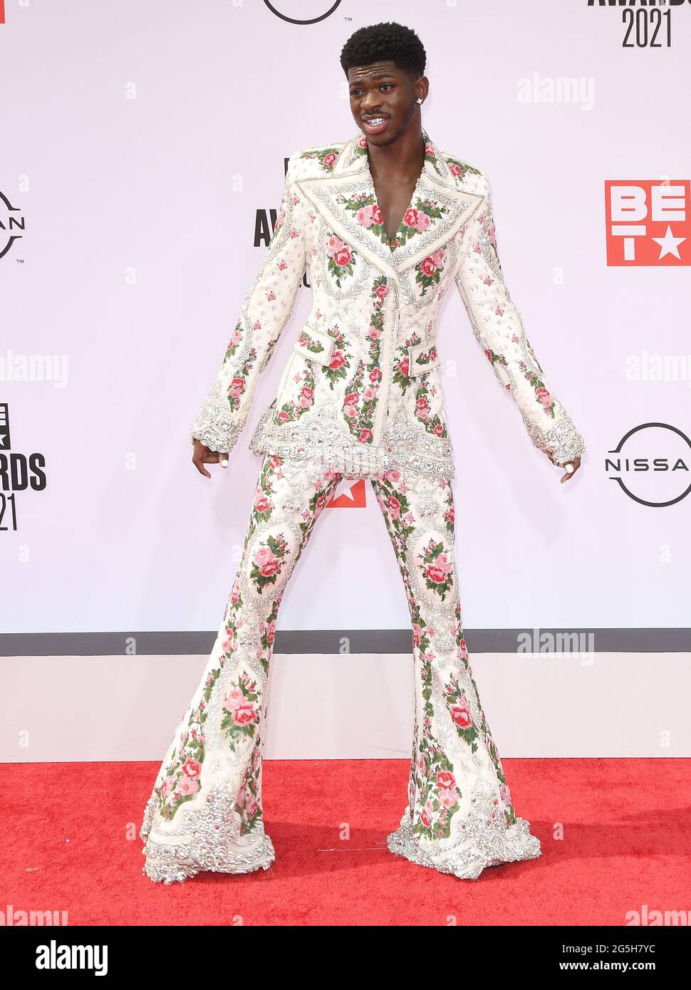 Lil Nas X arrives at the BET Awards 2021 held at the Microsoft Theater ...