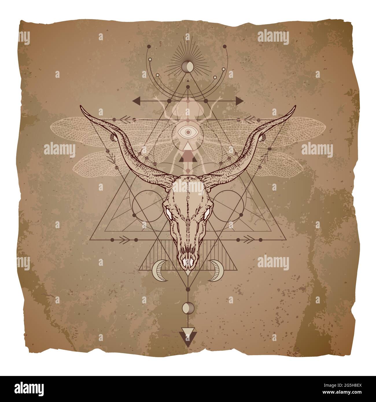 Vector illustration with hand drawn antelope skull, dragonfly and Sacred geometric symbol on vintage paper background with torn edges. Abstract mystic Stock Vector